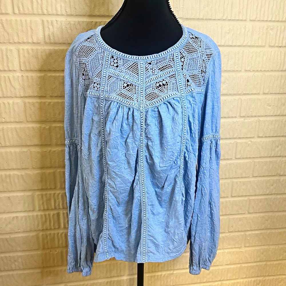 Sundance Blue Lace Yoke Peasant Eyelet Blouse Balloon Sleeve Womens Sz L